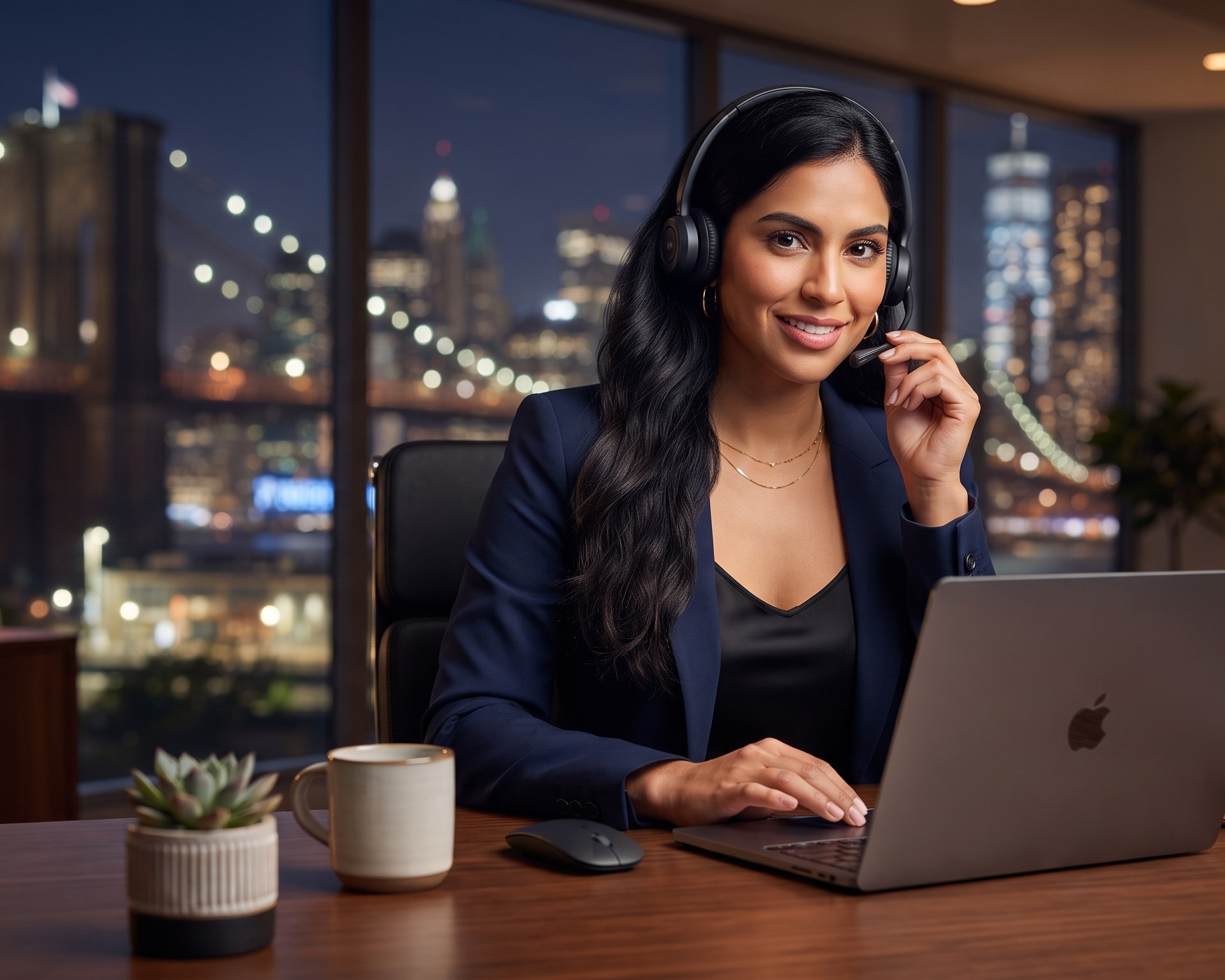 VELLIOT remote support specialist on a headset call, working from a New York City office